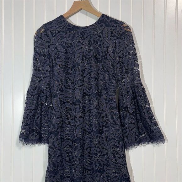 Dress the Population Navy Gold Metallic Lace Bell Sleeve Shift Dress S USA Party - Picture 2 of 9